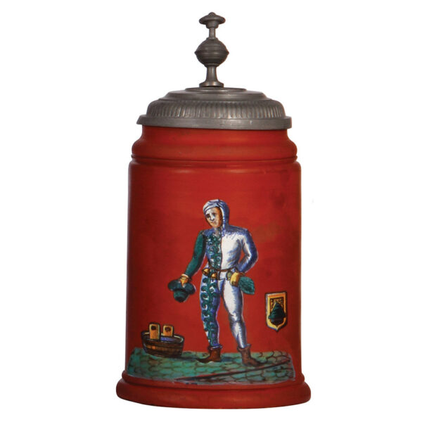 Terra cotta stein, 1.0L, late 1800s, pewter lid with relief medallion