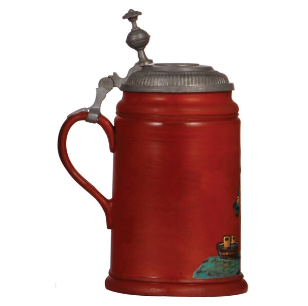 Terra cotta stein, 1.0L, late 1800s, pewter lid with relief medallion - Image 2