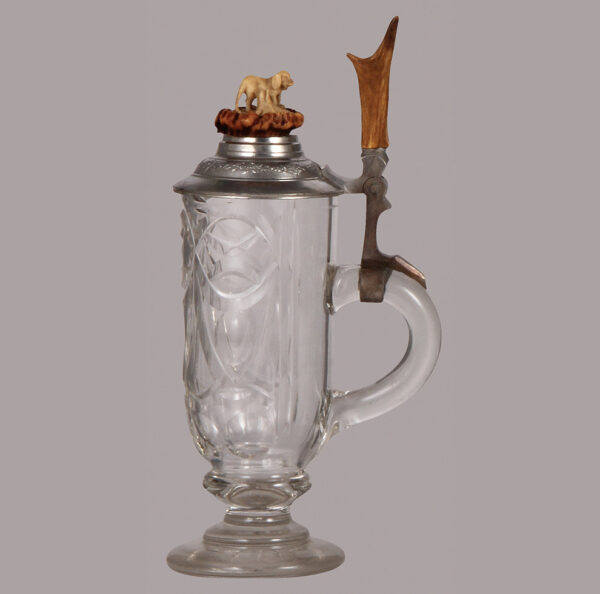 Glass stein with carved dog finial, .5L, blown, pedestal base