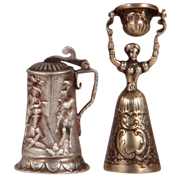 Silver miniatures, (two), stein, and wedding cup