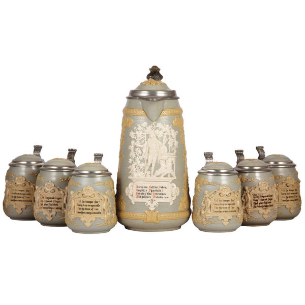 Mettlach stein set, 3.2L, 1821, six, .5L, 1370