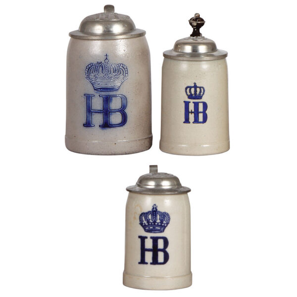 Stoneware steins (three), 3.9'' ht., incised, HB