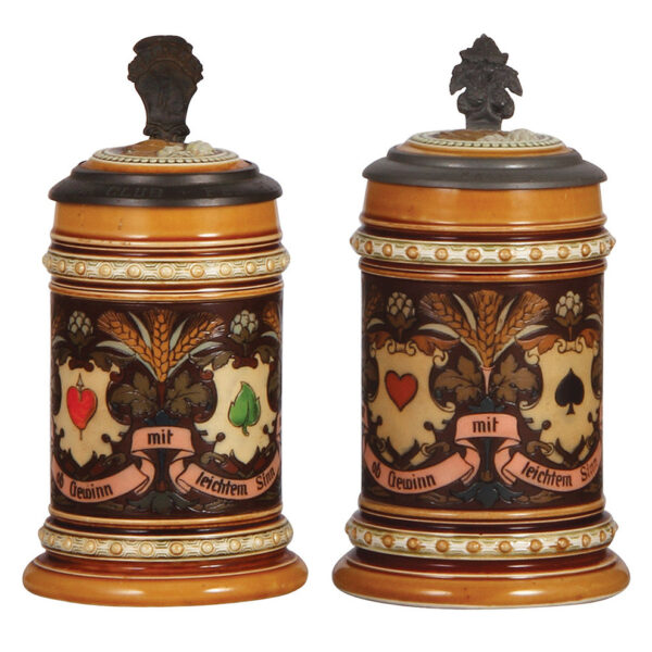 Mettlach steins (pair), .5L, 1394 & .5L, 1395