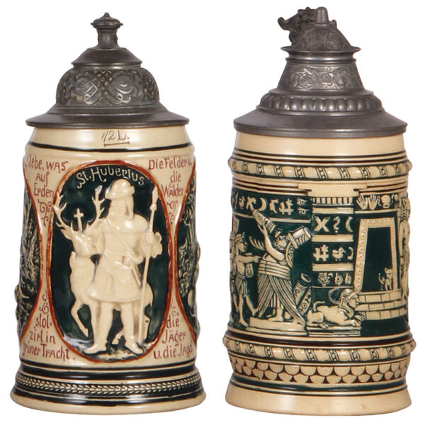 Pottery steins (two), .5L, relief