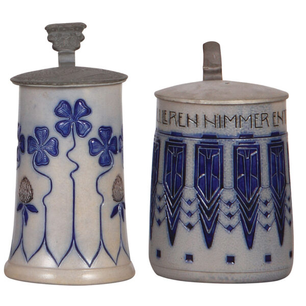 Stoneware steins (two), .5L, incised & etched