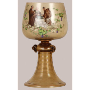 Glass Bohemian goblet, 12.1" ht., hand-painted, scene of monks