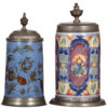 Faience steins (two), 9.6" ht., early 1800s, Schrezheimer Walzenkrug