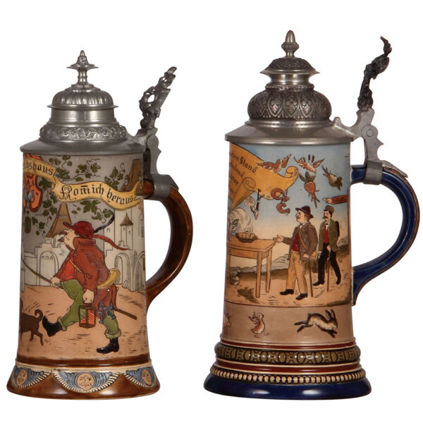 Pottery steins (two), .5L, etched, by Hauber & Reuther