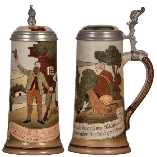 Stoneware steins (two), .5L, Marzi & Remy, etched