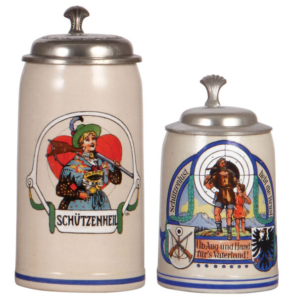 Stoneware steins (two), 1.0L, Schützenheil; with, Schützenlust hebt die Brust, William Tell