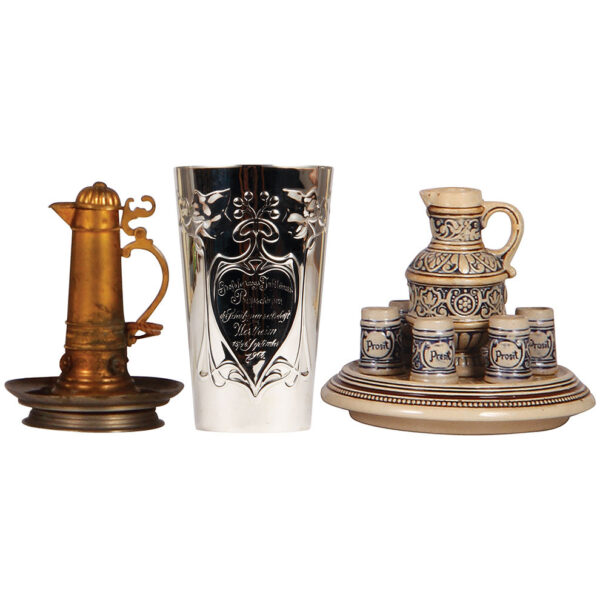 Varied items, brass stein, 3.0'' ht.; with, silver-plated beaker; with, miniature pottery stein set.l