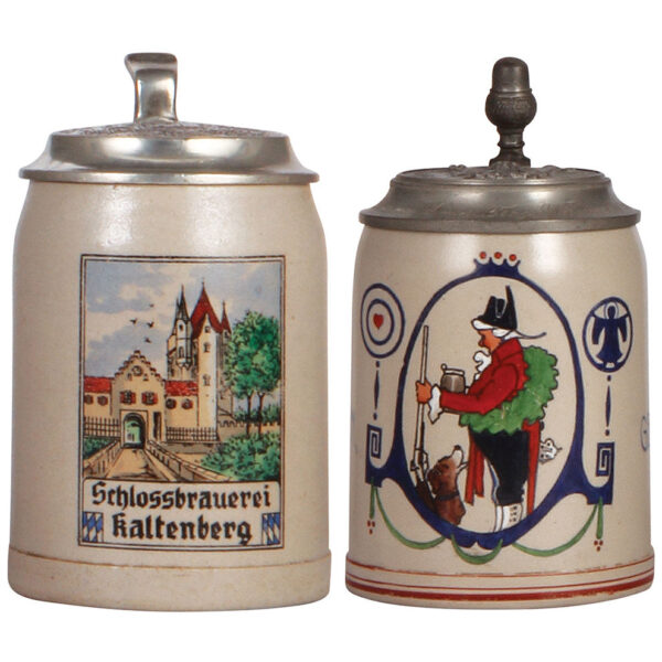 Stoneware steins (two), .5L, Schlossbrauerei, Kaltenberg; with, .5L, Brau Geschossen.