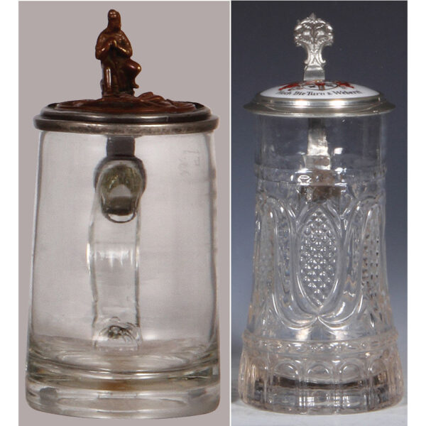 Glass steins (two), .5L, pewter lid with brass insert, porcelain inlaid lid: Frisch, Fromm, Fröhlich, Frei.