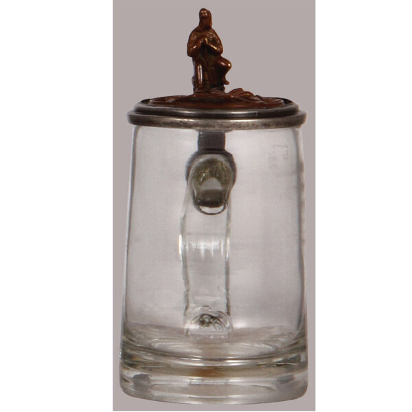 Glass steins (two), .5L, pewter lid with brass insert, porcelain inlaid lid: Frisch, Fromm, Fröhlich, Frei. - Image 2