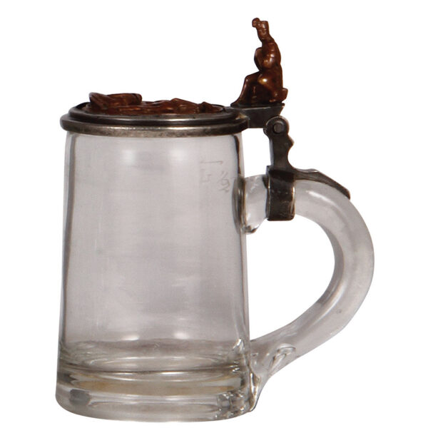 Glass steins (two), .5L, pewter lid with brass insert, porcelain inlaid lid: Frisch, Fromm, Fröhlich, Frei. - Image 3