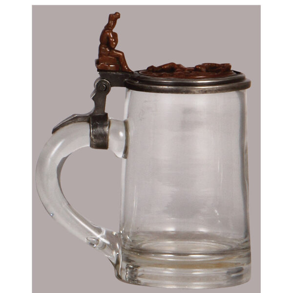 Glass steins (two), .5L, pewter lid with brass insert, porcelain inlaid lid: Frisch, Fromm, Fröhlich, Frei. - Image 4