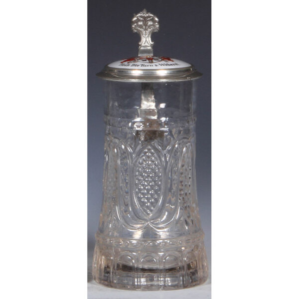 Glass steins (two), .5L, pewter lid with brass insert, porcelain inlaid lid: Frisch, Fromm, Fröhlich, Frei. - Image 6