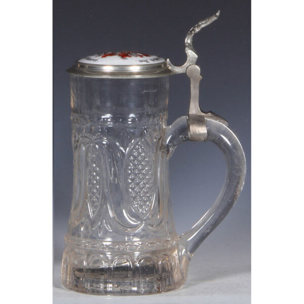 Glass steins (two), .5L, pewter lid with brass insert, porcelain inlaid lid: Frisch, Fromm, Fröhlich, Frei. - Image 7