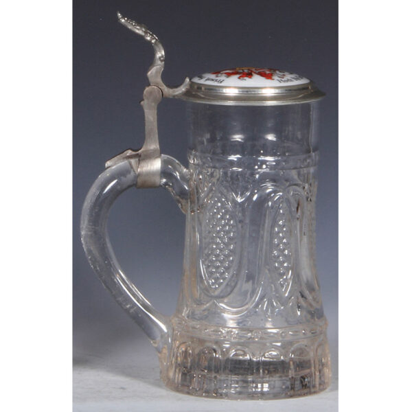 Glass steins (two), .5L, pewter lid with brass insert, porcelain inlaid lid: Frisch, Fromm, Fröhlich, Frei. - Image 8