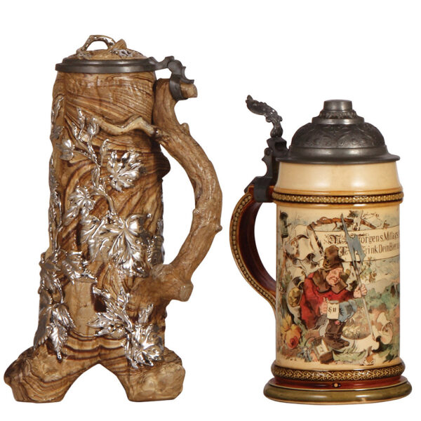 Mettlach steins (two), .5L, #376, early ware, tree trunk; with, .5L, 942 [2140].