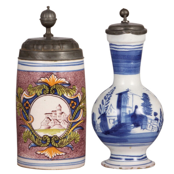 Faience steins (two), mid & late 1700s.