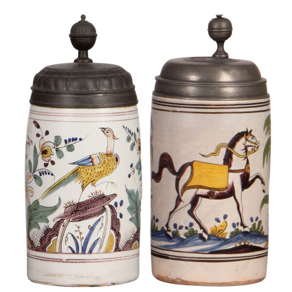 Faience steins (two), late 1700s.