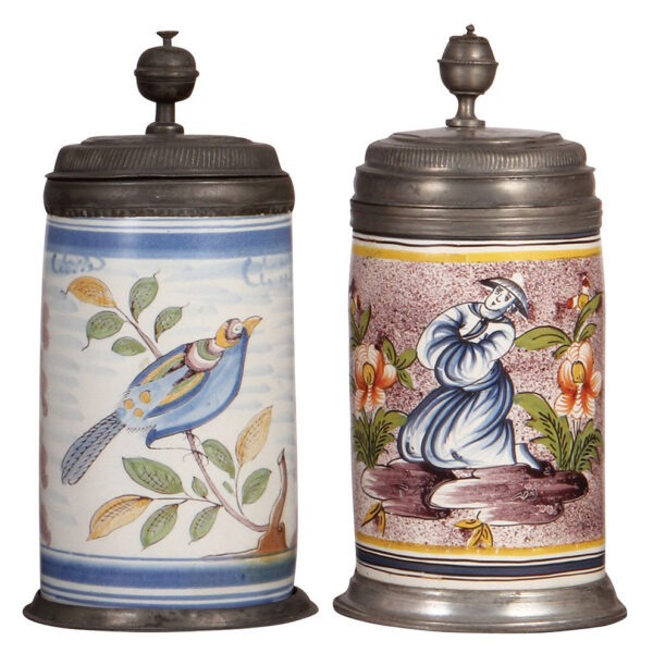 Faience steins, Bayreuther Walzenkrug and Erfurter Walzenkrug.