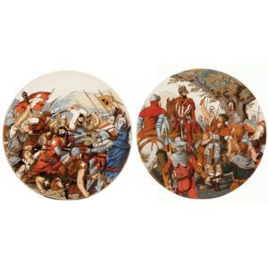 Mettlach plaques (pair), 14.4" d., 1769 & 1770.