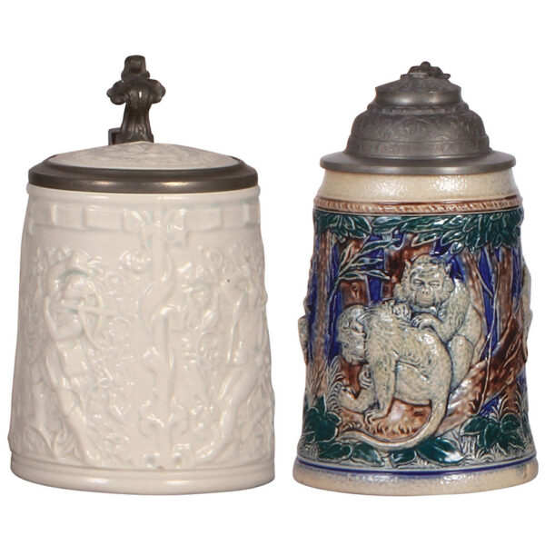 Pottery and stoneware steins (two), marked Amberg; with, stoneware by Dümler & Breiden.