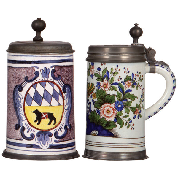 Faience stein, c.1900, Walzenkrug and c.1920, Walzenkrug.