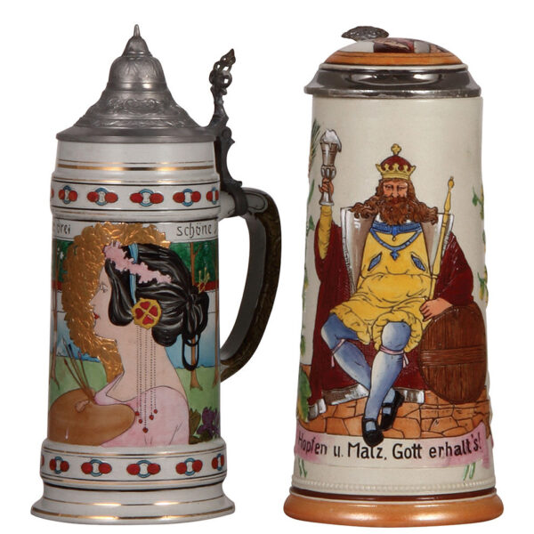 Stoneware steins (two), .5L, etched, Matthias Girmscheid.