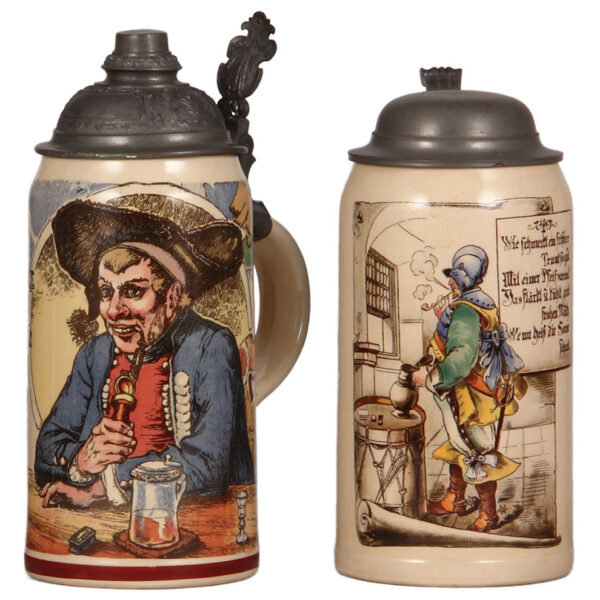 Mettlach steins (two), 1.0L, 1074[1526]; with, 1.0L, 595[1526]