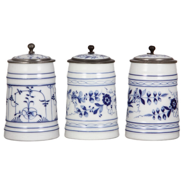 Porcelain steins (three), .5L, hand-painted, cobalt blue