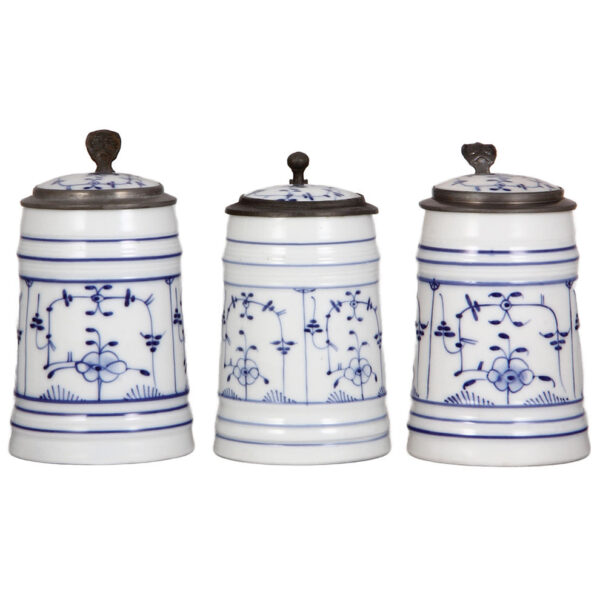 Porcelain steins (three), .5L, hand-painted, cobalt blue