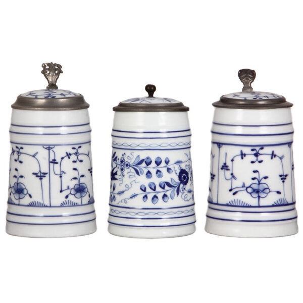 Porcelain steins (three), .5L, hand-painted, cobalt blue