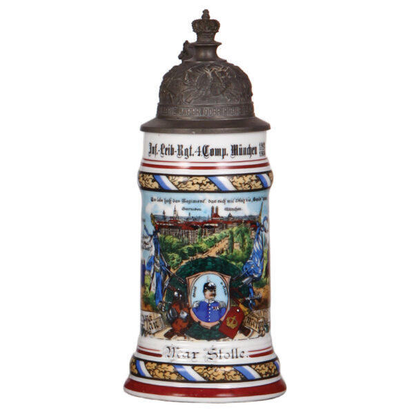 Regimental stein, .5L, 10.0" ht., porcelain, Inft. - Leib Regt., 4. Comp., München,