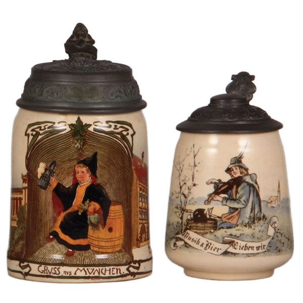 Mettlach steins (two), .5L, 1114[1526]; with, .3L, 1023[2349]