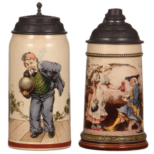 Mettlach steins (two), 1.0L, 1212[1526]; with, .5L, 955[2271]