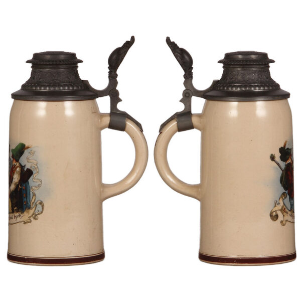 Pottery steins (two), 1.0L, transfer & hand-painted - Image 2