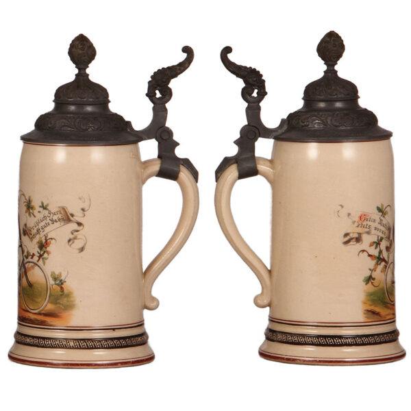 Pottery steins (two), 1.0L, transfer & hand-painted - Image 3