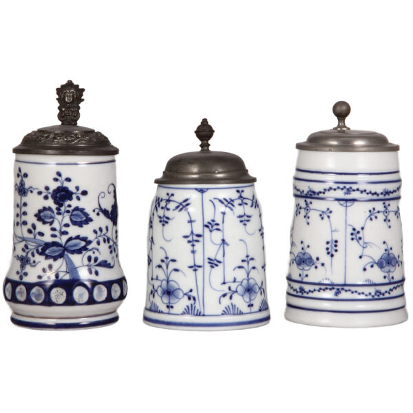 Porcelain steins (three), .5L, hand-painted, cobalt blue