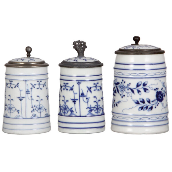 Porcelain stein (three), .3L & ,5L, hand-painted, coblat blue