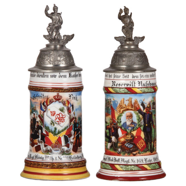 Regimental steins (two), .5L, 11.0" ht., porcelain, 8. Comp., Gren. Regt. Nr. 110