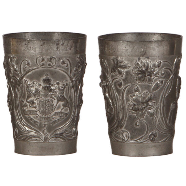 Pewter beakers (two), 4.3" ht., relief, military scenes. - Image 2