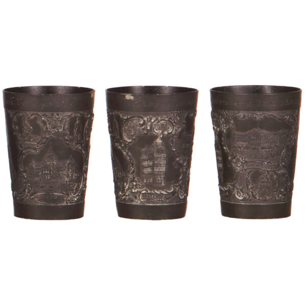 Pewter beakers (two), 4.3" ht., relief, military scenes. - Image 3