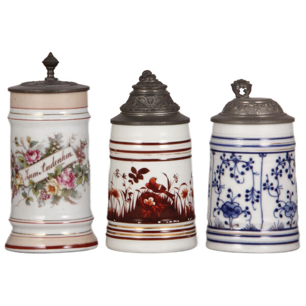 Porcelain steins (three), .5L, transfer & hand-painted