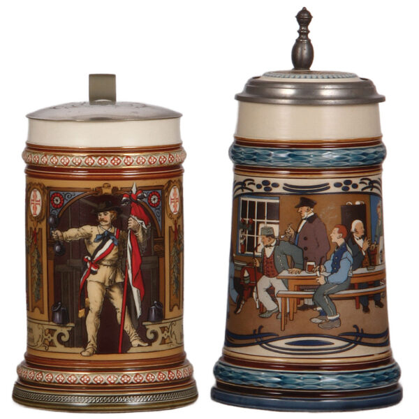 Mettlach steins (two), .5L, 1914; with, .5L, 2632