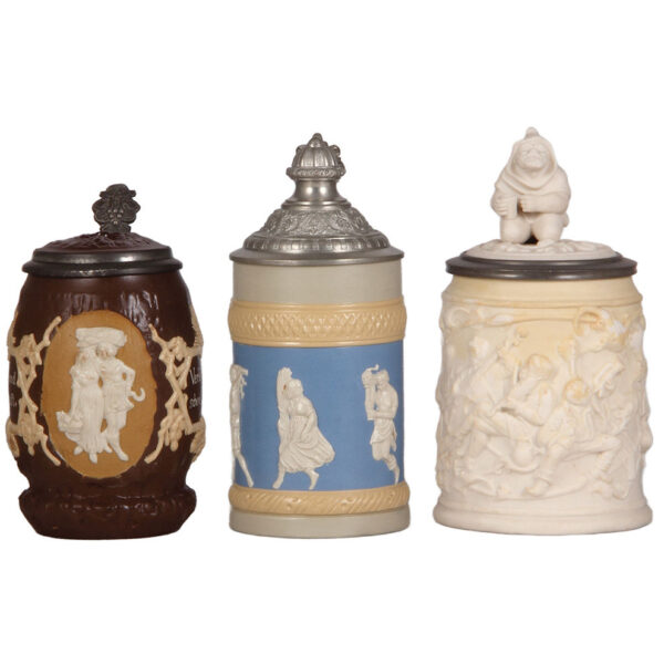 Mettlach steins (three), .5L, all relief, 1028, 171, 485