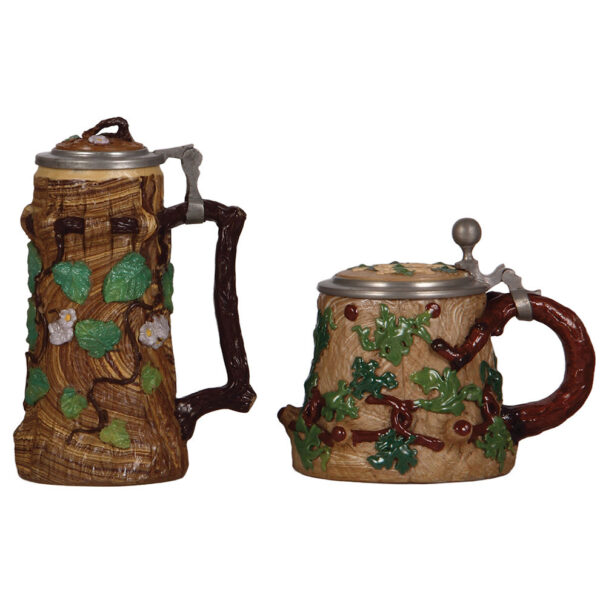 Mettlach steins (two), .5L, 42 1/2, earlyware; with, .5L, 216, early ware