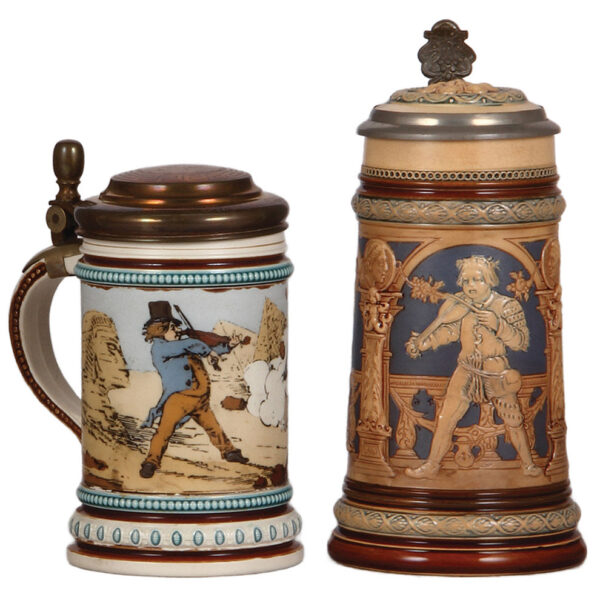 Mettlach steins (two), .5L, 1132; with, .5L, 2131